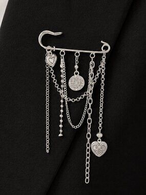 Vintage Style Silver Chain Charm Safety Pin Brooch Y2K